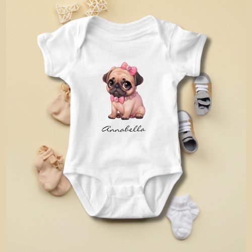Pug Puppy With Pink Bow Illustration Custom Name Baby Bodysuit
