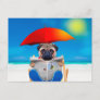 Pug reading newspaper on the beach postcard