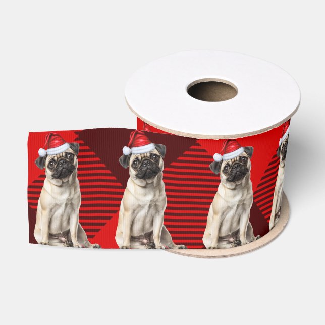 Pug Red Buffalo Holiday Plaid Funny Dog Christmas Grosgrain Ribbon (Spool)