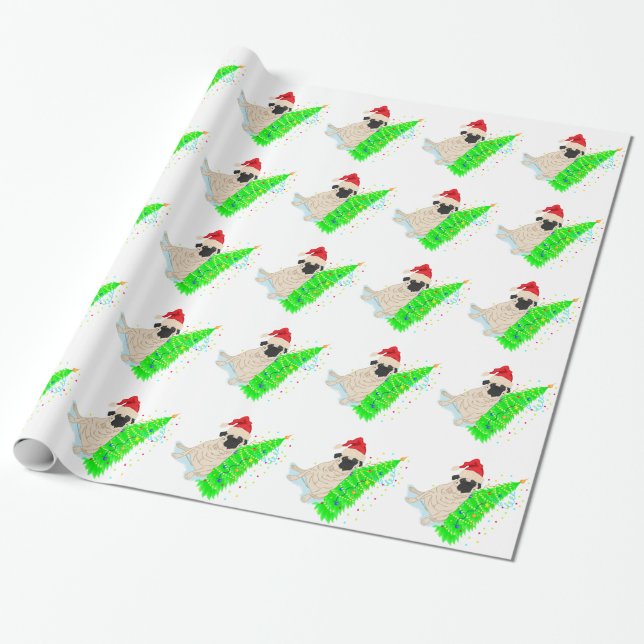 Pug Red Santa Hat Green Christmas Tree Wrapping Paper (Unrolled)