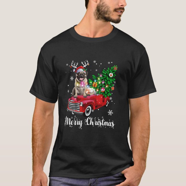Pug Red Truck Christmas Santa Hat Xmas Dog Lover L T-Shirt (Front)