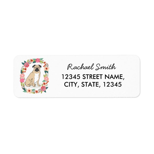 Pug return address label, cute girly flowers label (Front)