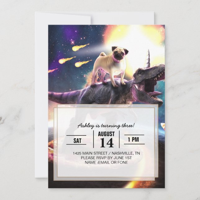 Pug riding dinosaur unicorn in space               invitation (Front)