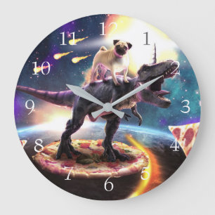 Pug riding dinosaur unicorn in space large clock