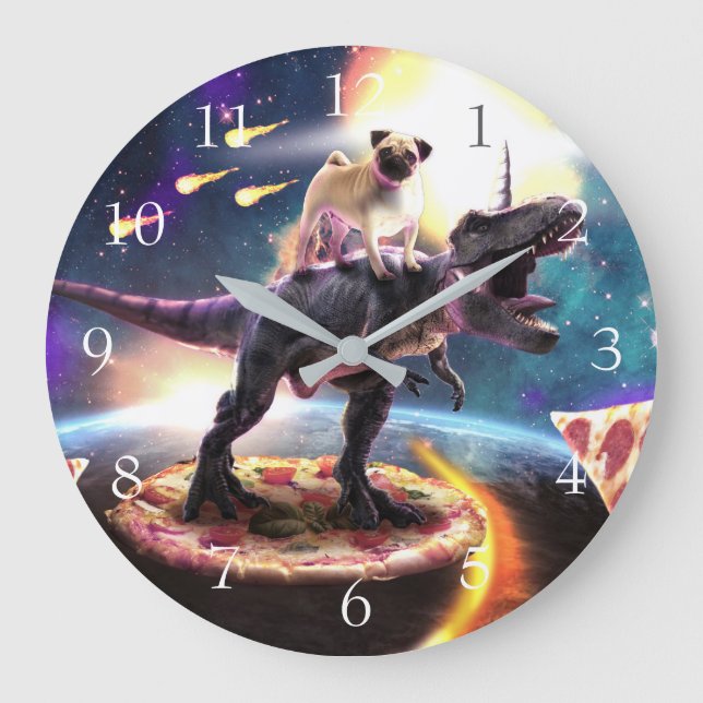 Pug riding dinosaur unicorn in space               large clock (Front)