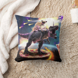 Pug riding dinosaur unicorn in space throw pillow