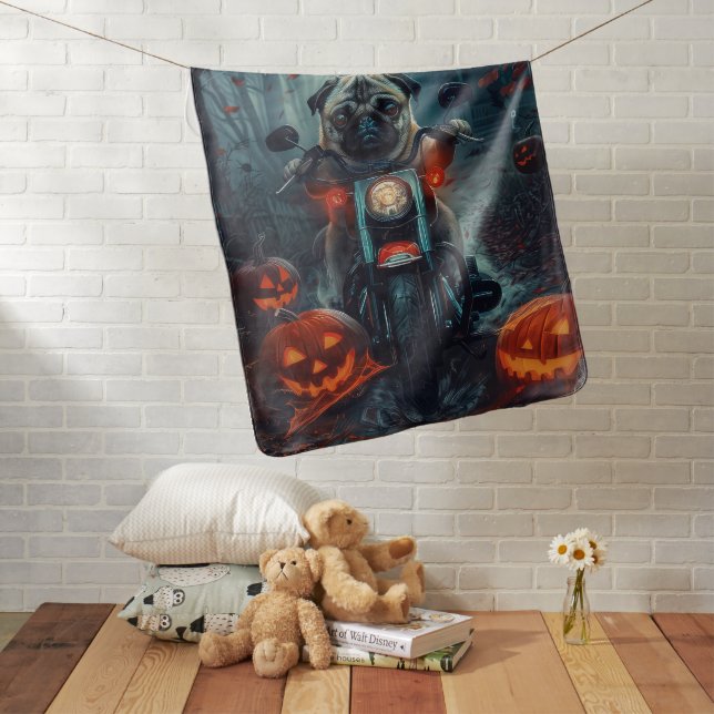 Pug Riding Motorcycle Halloween Scary Baby Blanket (In Situ)