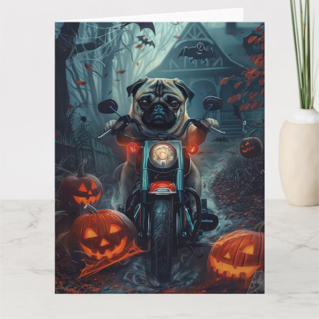 Pug Riding Motorcycle Halloween Scary Card (Front)