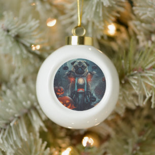 Pug Riding Motorcycle Halloween Scary Ceramic Ball Christmas Ornament