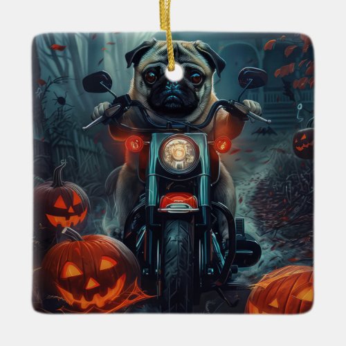 Pug Riding Motorcycle Halloween Scary Ceramic Ornament
