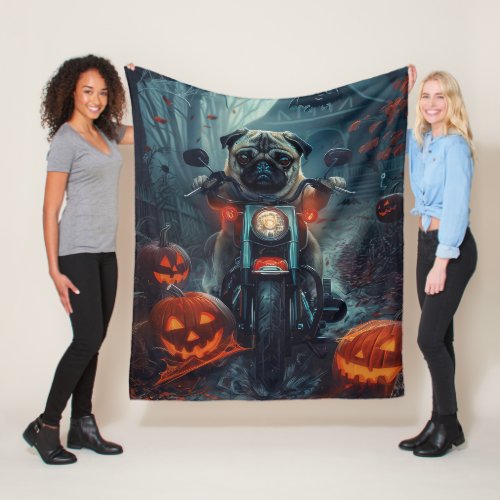 Pug Riding Motorcycle Halloween Scary Fleece Blanket