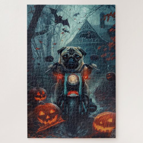 Pug Riding Motorcycle Halloween Scary Jigsaw Puzzle