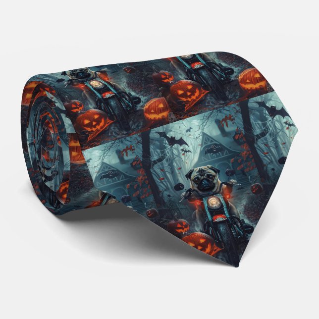 Pug Riding Motorcycle Halloween Scary Neck Tie (Rolled)