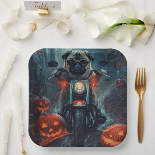 Pug Riding Motorcycle Halloween Scary Paper Plates