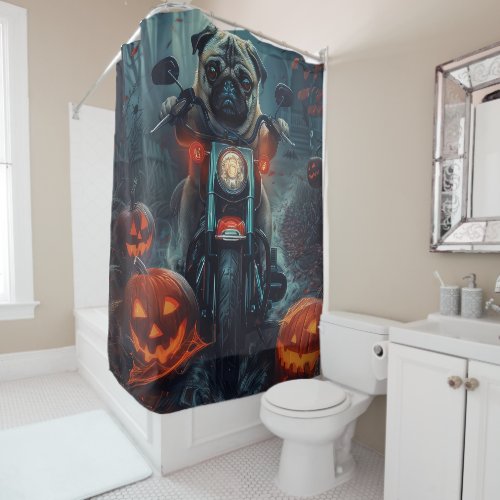 Pug Riding Motorcycle Halloween Scary Shower Curtain
