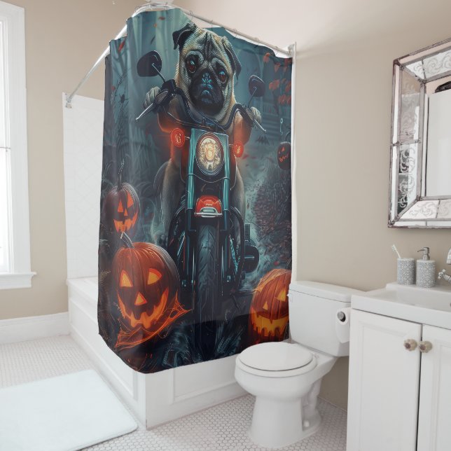 Pug Riding Motorcycle Halloween Scary Shower Curtain (In Situ)