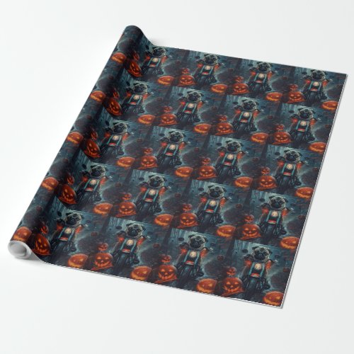 Pug Riding Motorcycle Halloween Scary Wrapping Paper
