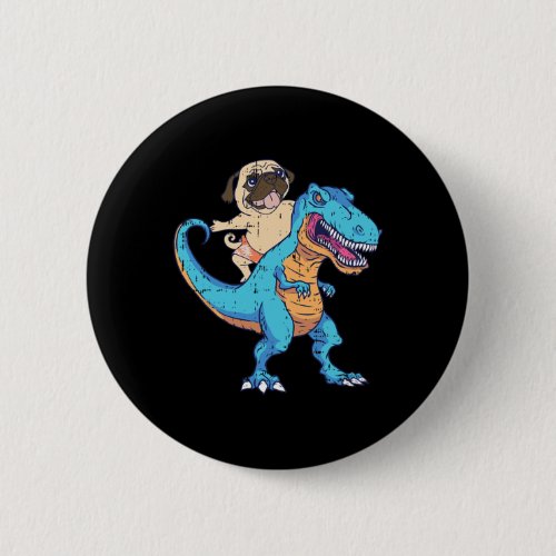Pug Riding T-rex Surfing Dinosaur Funny Dog Lover  Button