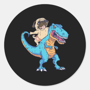 Pug Riding T-rex Surfing Dinosaur Funny Dog Lover Classic Round Sticker