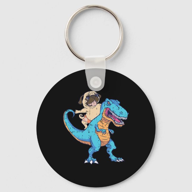 Pug Riding T-rex Surfing Dinosaur Funny Dog Lover  Keychain (Front)