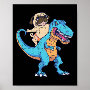 Pug Riding T-rex Surfing Dinosaur Funny Dog Lover  Poster