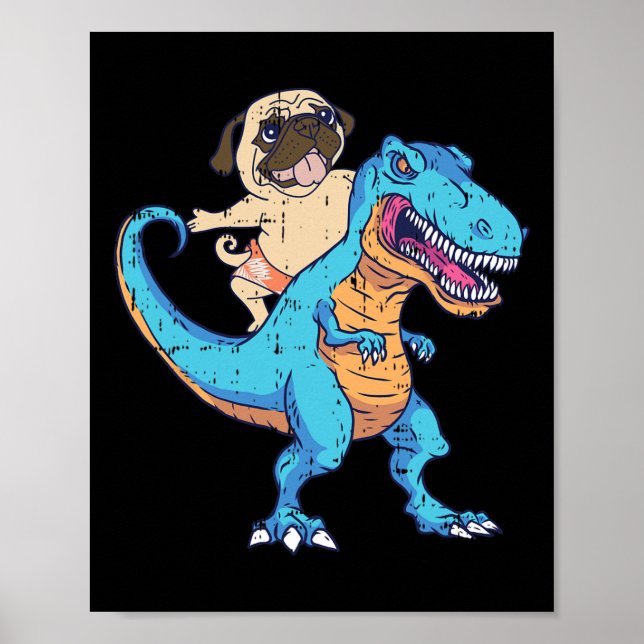 Pug Riding T-rex Surfing Dinosaur Funny Dog Lover  Poster (Front)