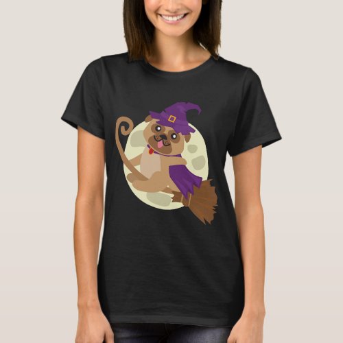 Pug Riding Witch Broom Cute Dog Animal Halloween C T_Shirt