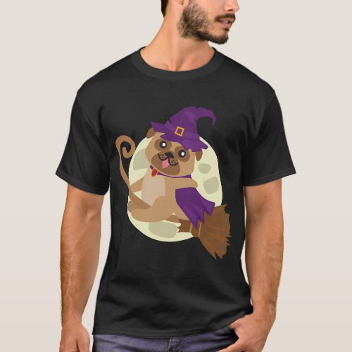 Pug Riding Witch Broom Cute Dog Animal Halloween C T_Shirt