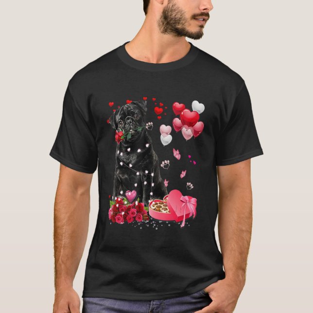 Pug Rose Heart Happy Valentine Day Dog Mom T-Shirt (Front)