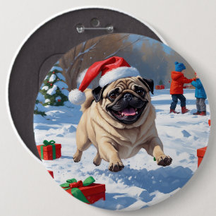 Pug Running in Snow with Christmas Hat Button