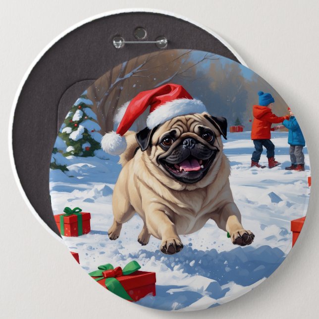 Pug Running in Snow with Christmas Hat Button (Front & Back)