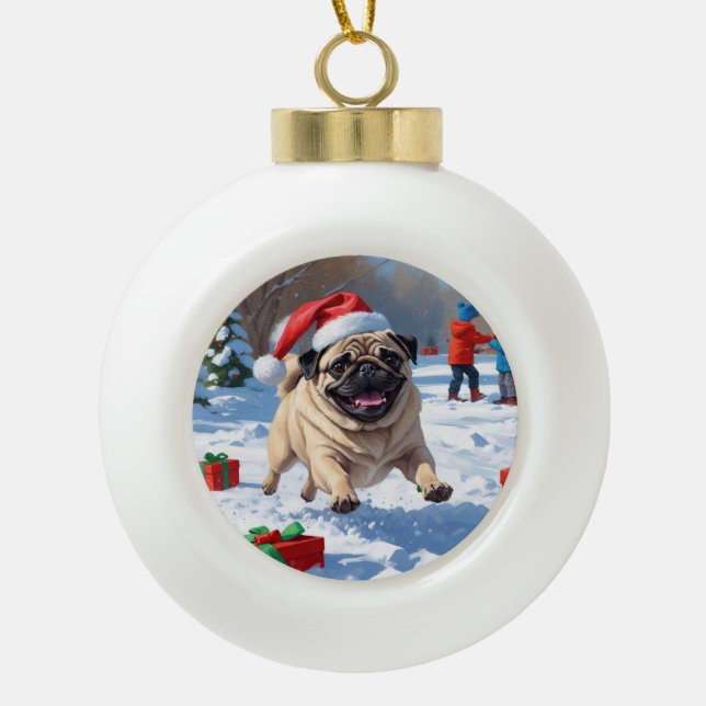 Pug Running in Snow with Christmas Hat Ceramic Ball Christmas Ornament (Front)