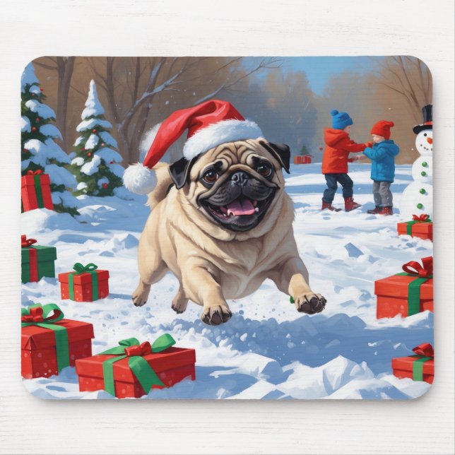 Pug Running in Snow with Christmas Hat Mouse Pad (Front)