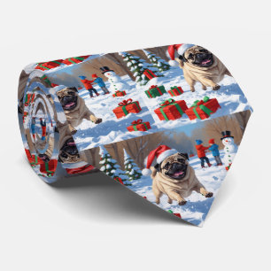 Pug Running in Snow with Christmas Hat Neck Tie