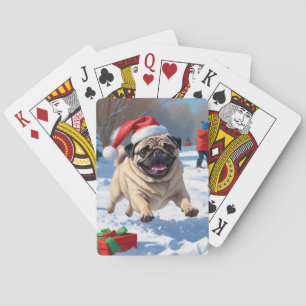 Pug Running in Snow with Christmas Hat Poker Cards