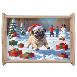 Pug Running in Snow with Christmas Hat Serving Tray