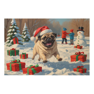 Pug Running in Snow with Christmas Hat Wood Wall Art