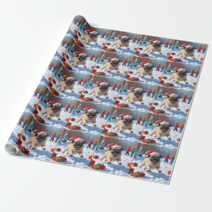 Pug Running in Snow with Christmas Hat Wrapping Paper
