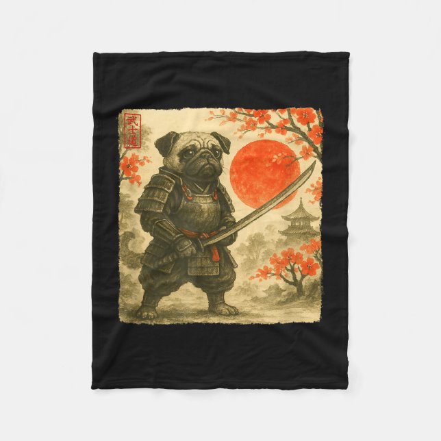 Pug Samurai Japanese Warrior Costume Sumi-e Art Fu Fleece Blanket (Front)