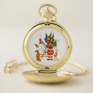 Pug Santa Christmas Sleigh Pocket Watch