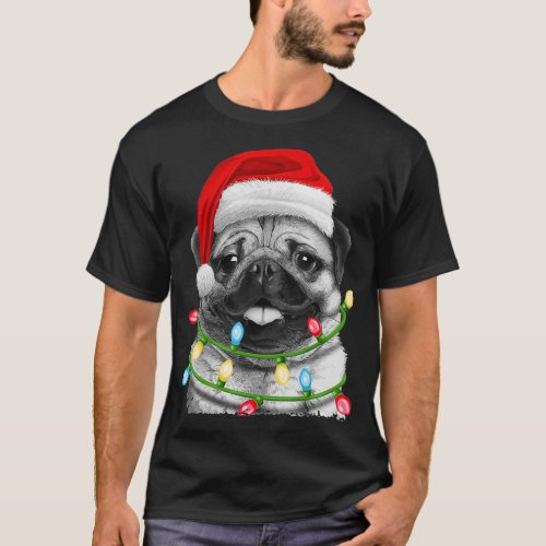 Pug Santa Christmas Tree Lights Xmas Gifts Boys T_Shirt