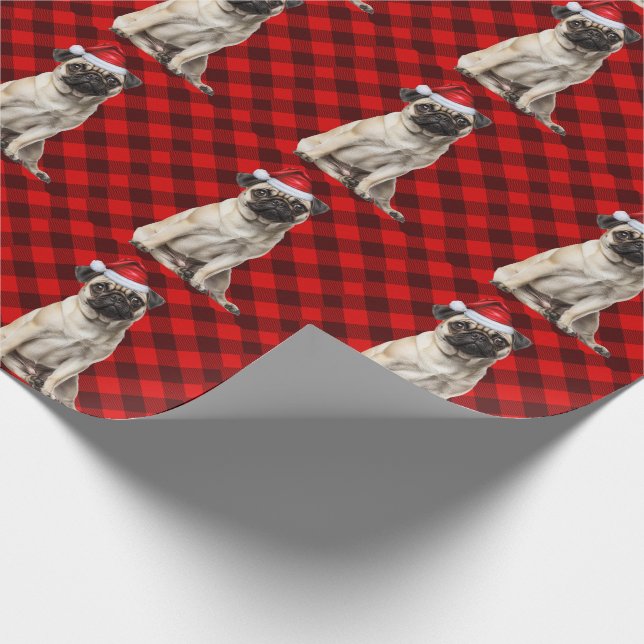 Pug Santa Dog Holiday Red Buffalo Plaid Christmas Wrapping Paper (Corner)