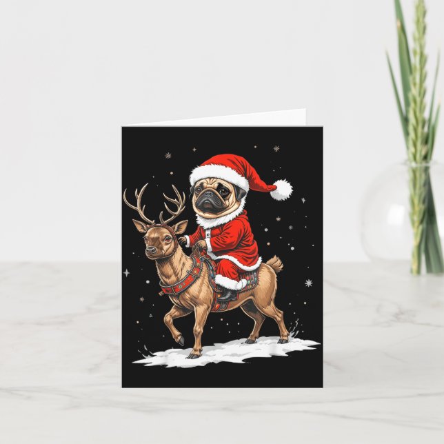 Pug Santa Riding Reindeer Christmas Holiday Puppy  Card (Front)