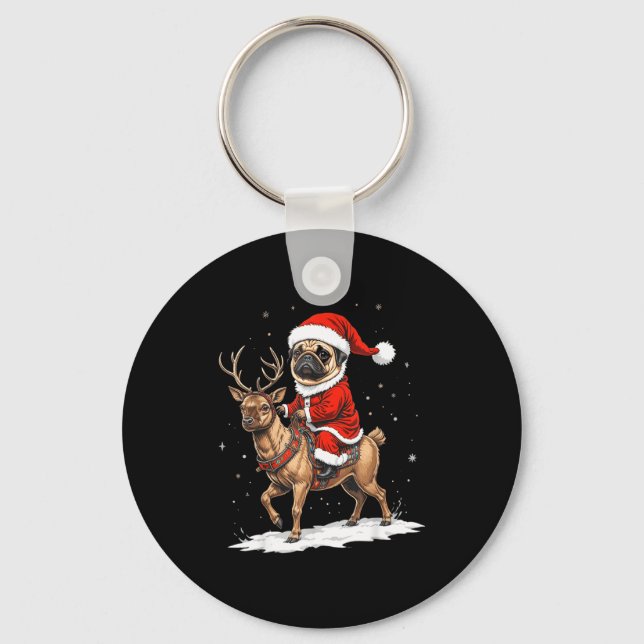 Pug Santa Riding Reindeer Christmas Holiday Puppy  Keychain (Front)