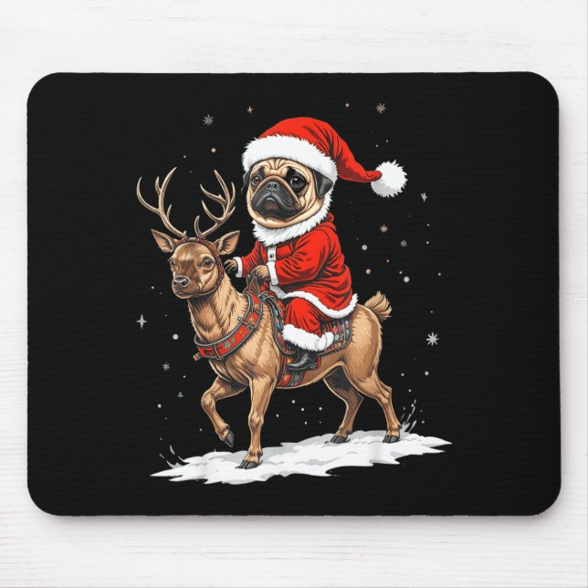 Pug Santa Riding Reindeer Christmas Holiday Puppy  Mouse Pad (Front)