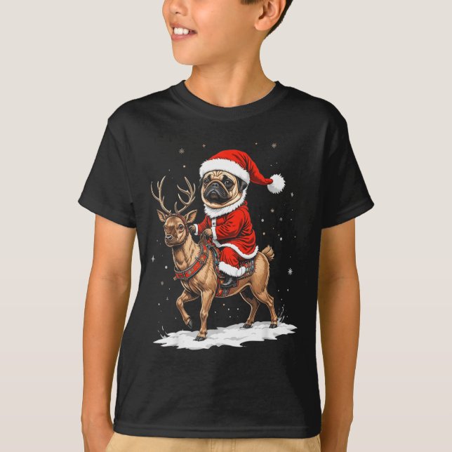 Pug Santa Riding Reindeer Christmas Holiday Puppy  T-Shirt (Front)