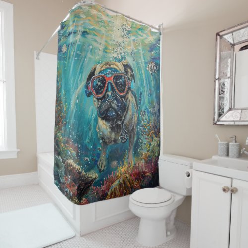 Pug Scuba Diving Underwater Shower Curtain