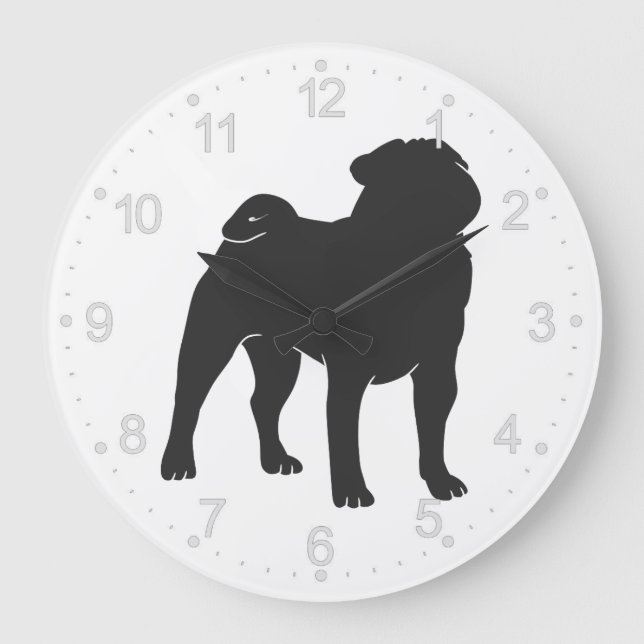 Pug  silhouette  - Choose background color Large Clock (Front)