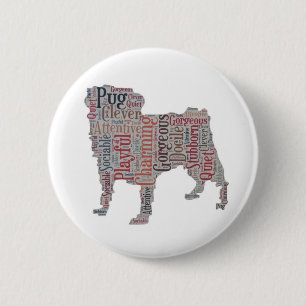 Pug silhouette colourful words button