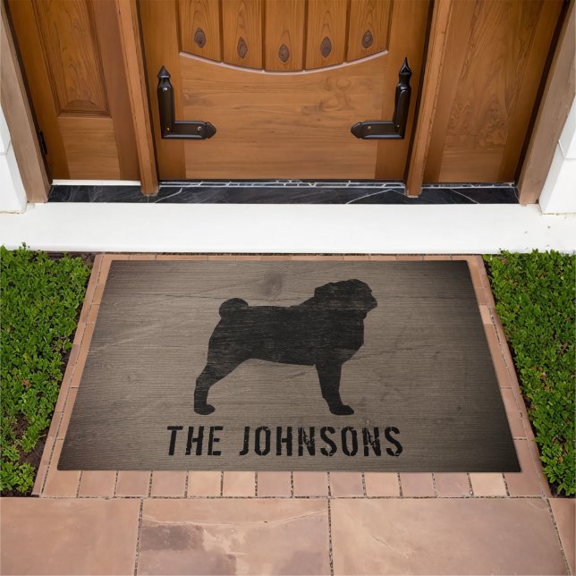 Pug Silhouette Faux Rustic Weathered Wood Custom Doormat (Outdoor)